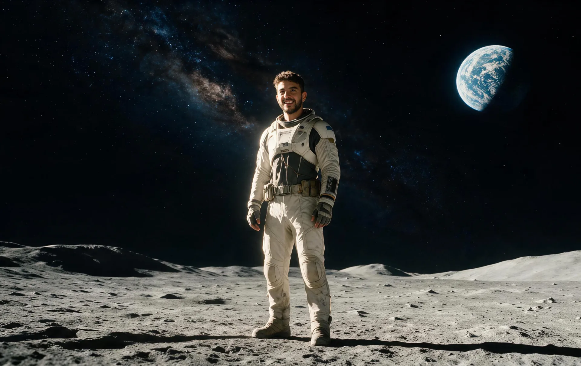Tal Tzur standing in a spacesuit on a lunar landscape